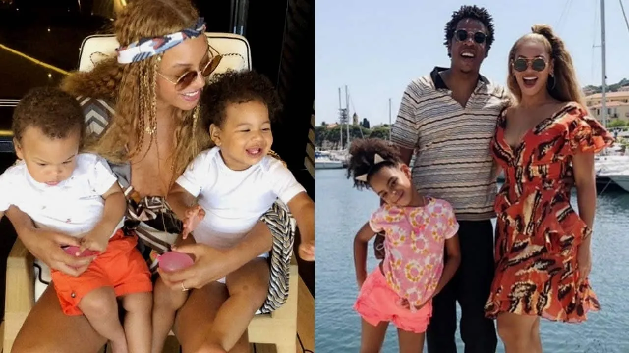 From L-R: Beyonce with the twins Sir and Rumi, Jay-Z with Beyonce and Ivy Blue Credits: Youtube.