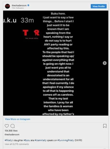 R. Kelly's first daughter has cut ties with her father describing as a monster in a long post on Instagram.