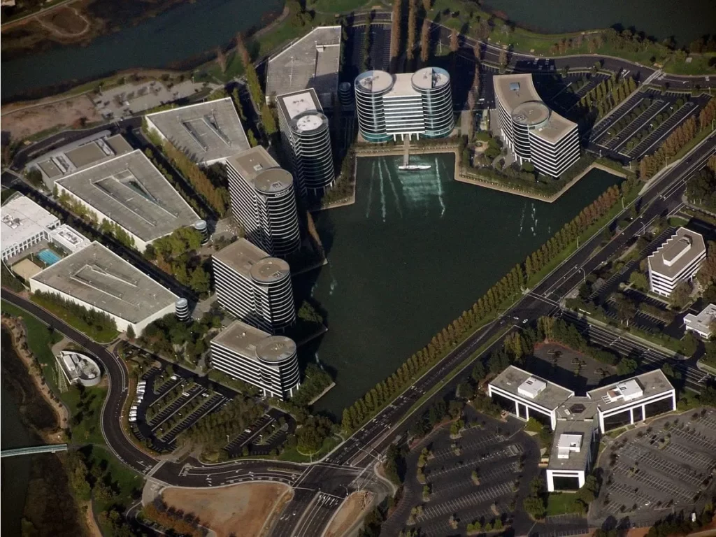 Present aerial view of Oracle Corporation Headquarters in Redwood Shores, California.