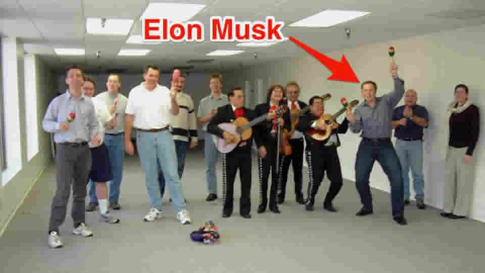 Elon Musk and the founding staff of SpaceX celebrate their first office space with a mariachi band in 2002. Credits: Business Insider.