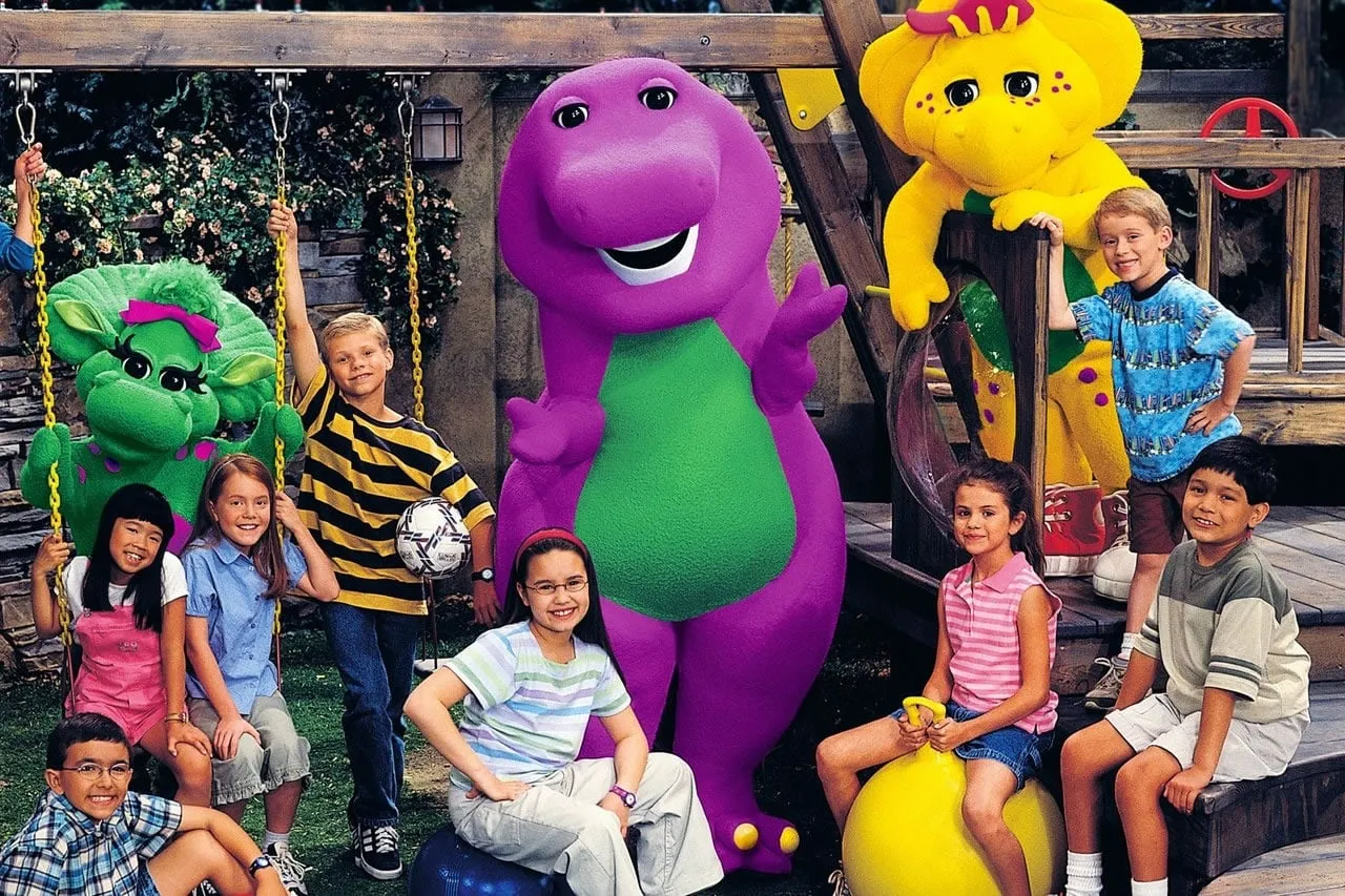 Selena Gomez  (2nd from right) acting in Barney and Friends with Demi Lovato (3rd from right).