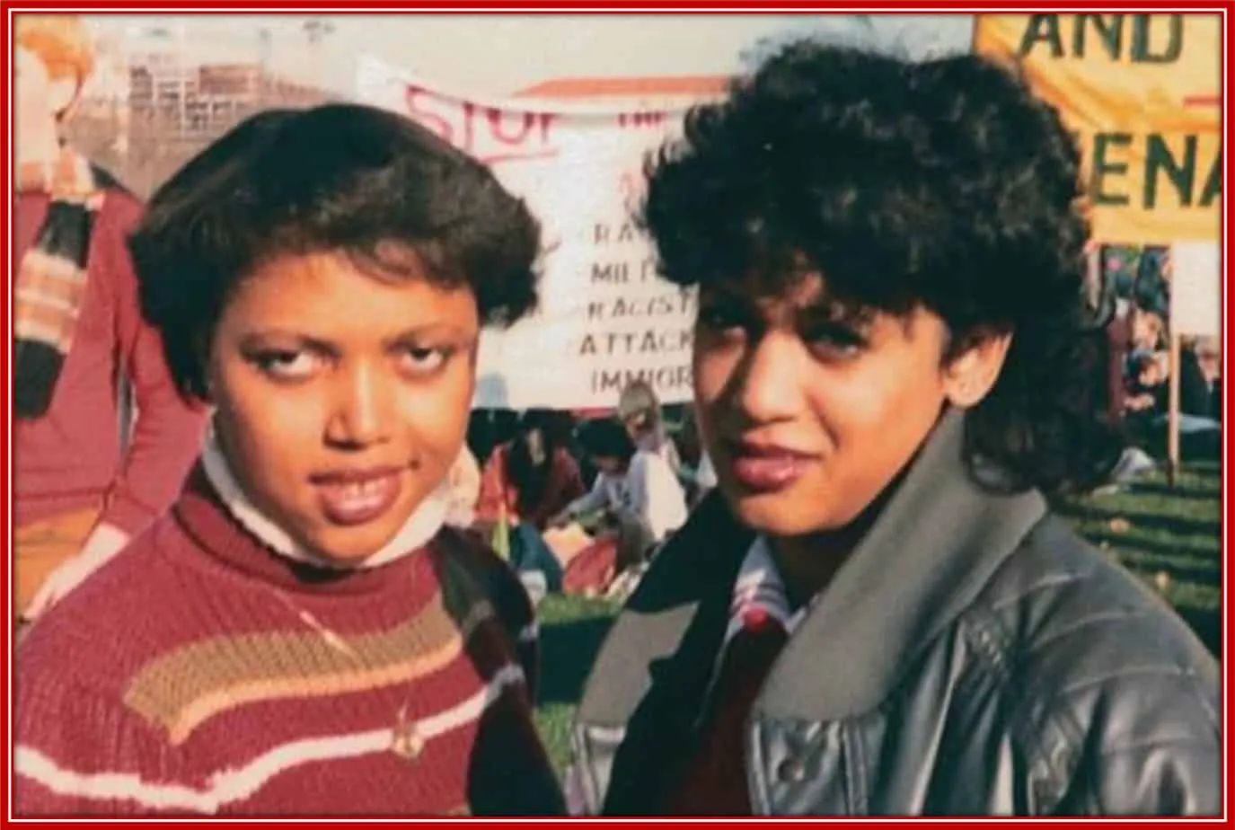 Kamala Harris, right, with Gwen Whitfield at an anti-apartheid protest at Howard University.