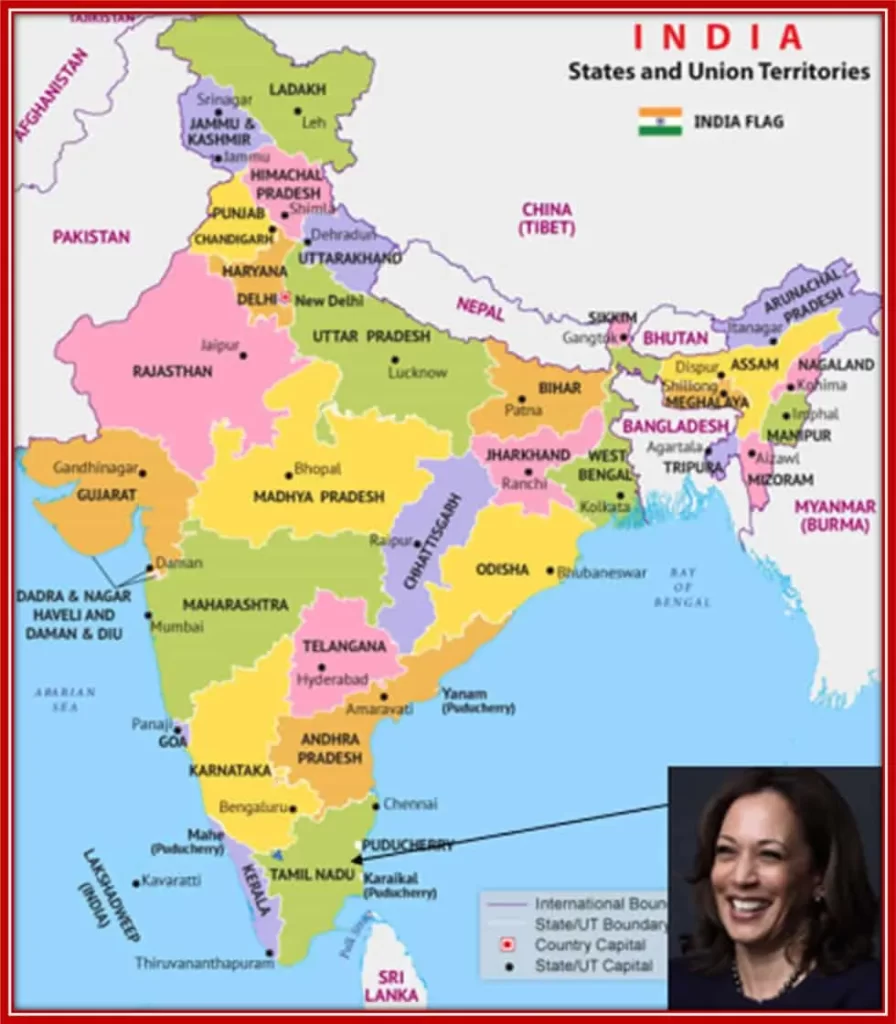 Map showing Kamala's Indian Family roots.