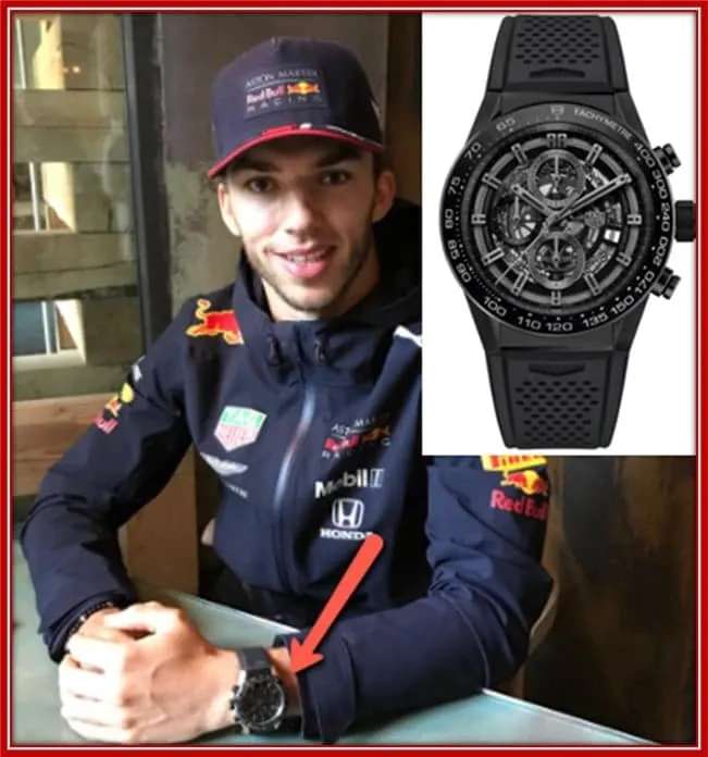 Gasly with his TAG Heuer's 45 mm black stainless steel wristwatch worth $6,400.