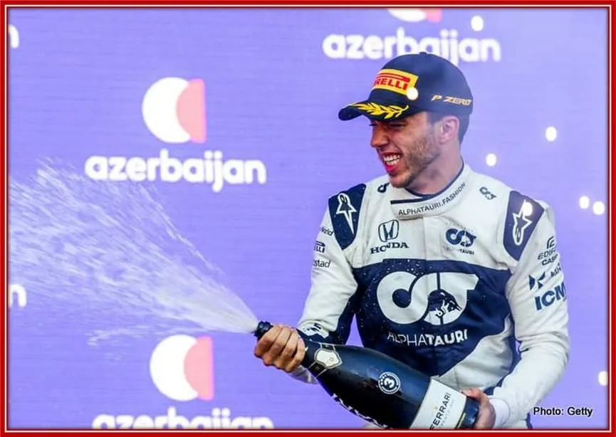 Gasly celebrating his victory at the Azerbaijan Grand Prix Baku, Azerbaijan, 2021.