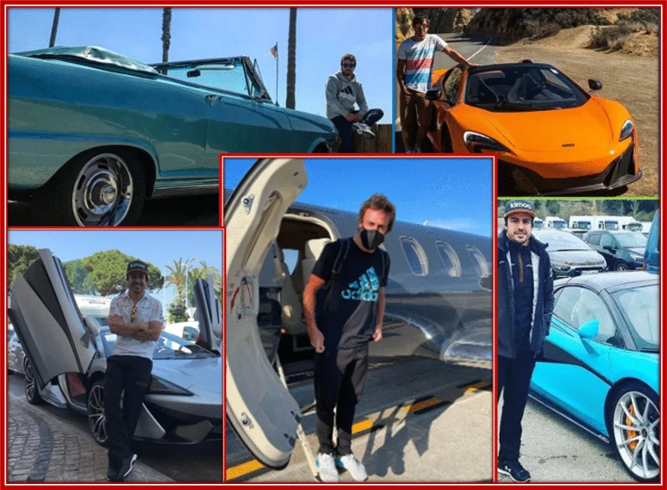 A collage of Alonso's car collection plus his private jet trips..