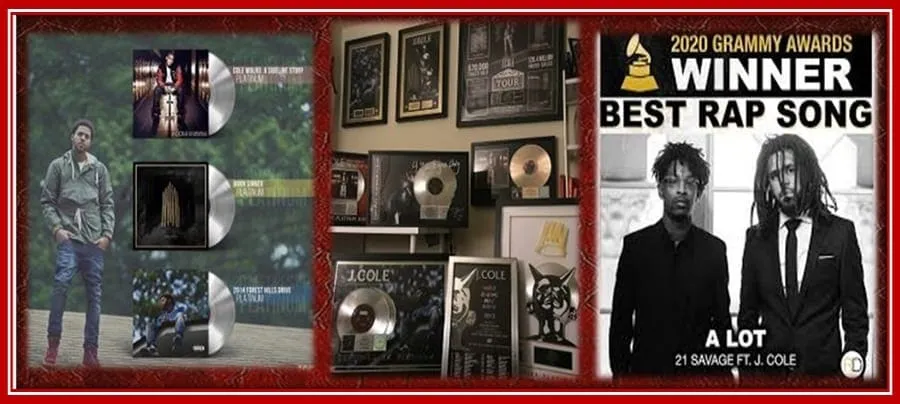 A Collage of the Multiple Awards Won by J. Cole in the Music Industry.