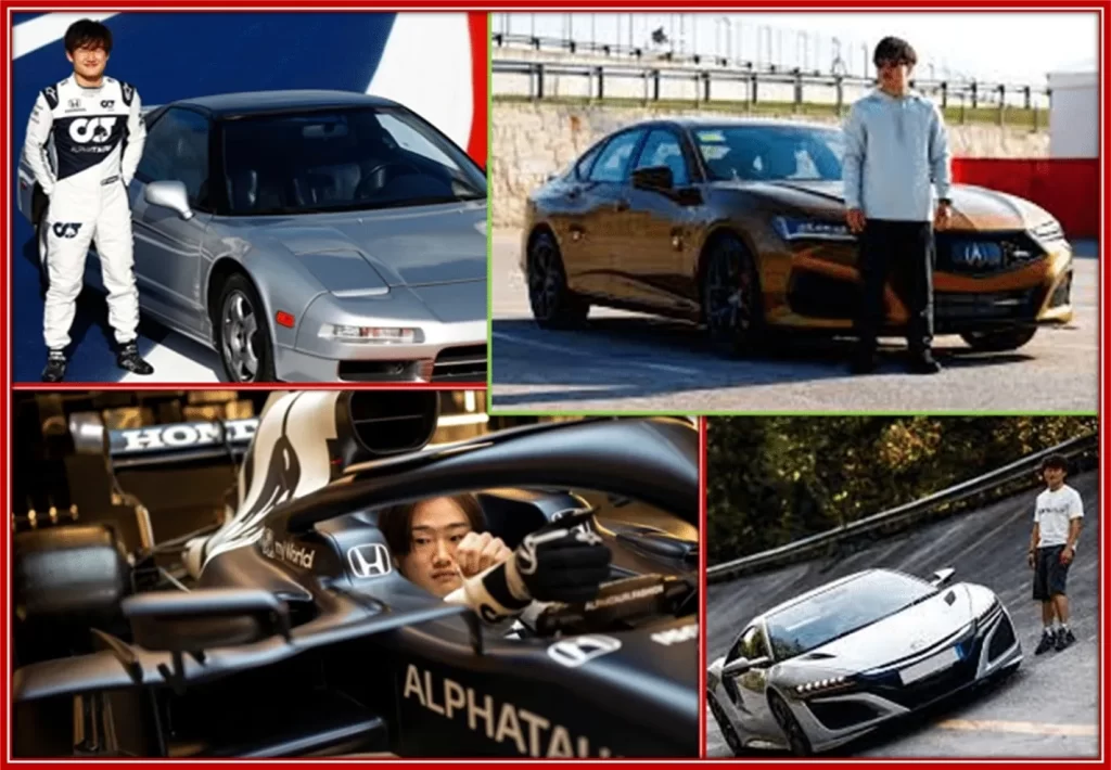 A collage of Yuki Tsunoda's automobiles.