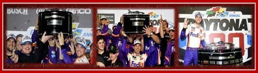 A Photo Collage of Denny Hamlin Jubilating With his Crew as Daytona 500 Winner for Three Consecutive Times.