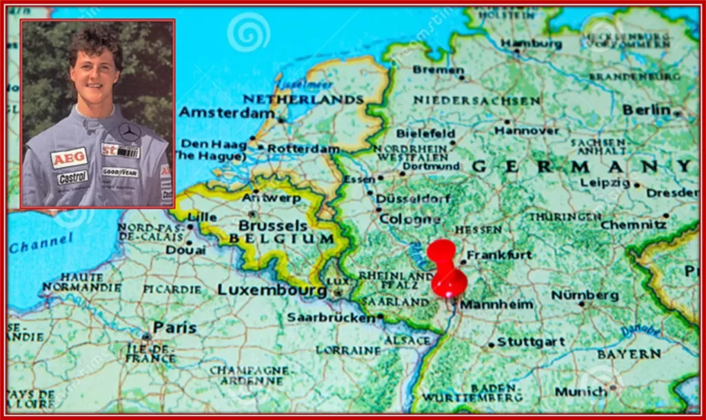A pix showing the location where Schumacher attended school; Mannheim, in the Upper Rhine Plain.