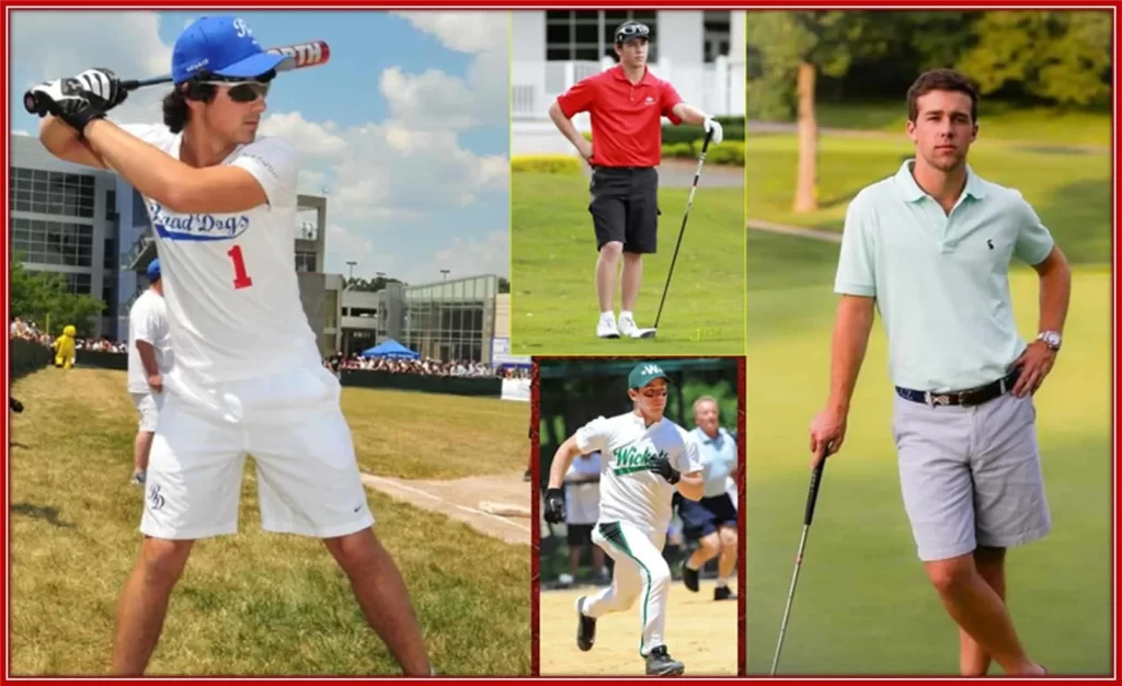 Nick's hobbies include playing golf, collecting baseball cards, tennis, songwriting, and music.