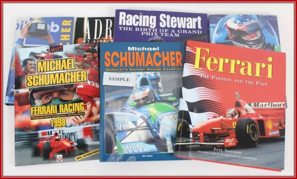 A photo of articles and books about Michael Schumacher.