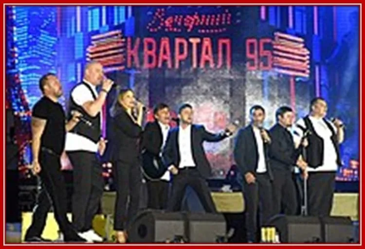 Comedian Volodymyr Kvartal 95 Team Performing on Stage.