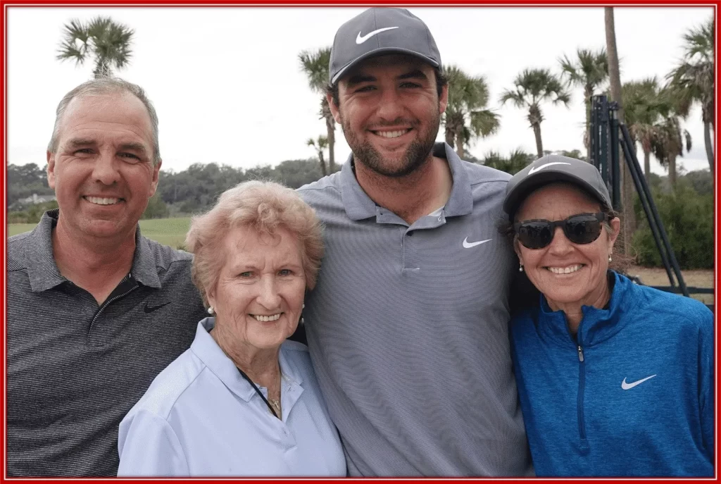 A cheerful photo of Scottie Scheffler with his family.