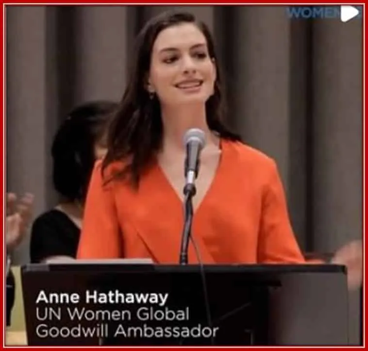 Behold the 2016 Un Ambassador for Women, Anne, on the Podium Making a Speech.