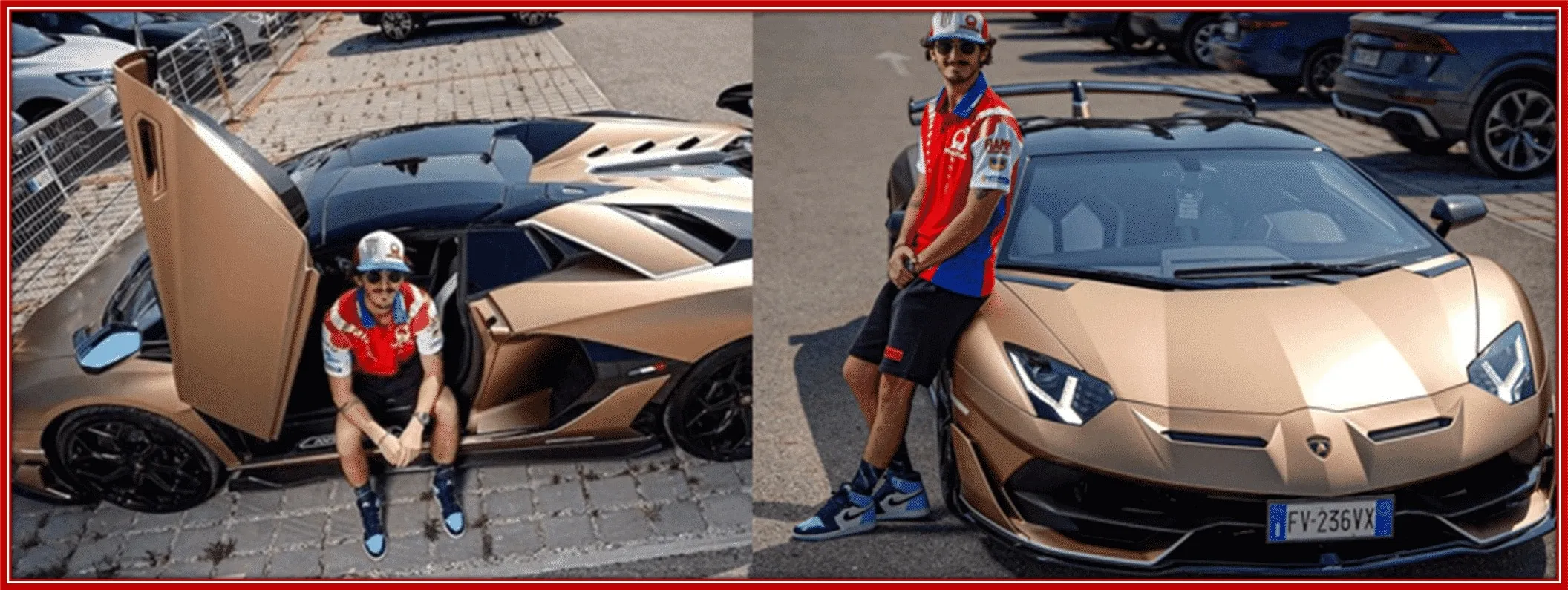 Francesco Bagnaia with his beautiful golden Lamborghini Aventador SVJ Roadster luxury car.