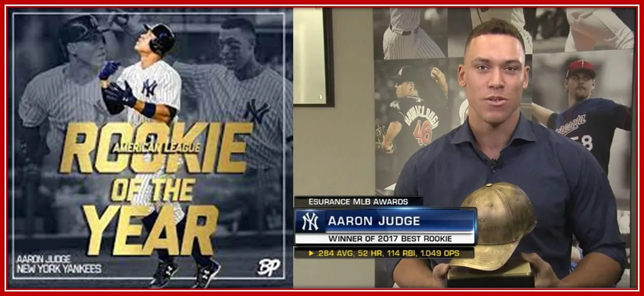 Aaron Judge's Rookie of the Year card and 2017  Best Rookie Award.